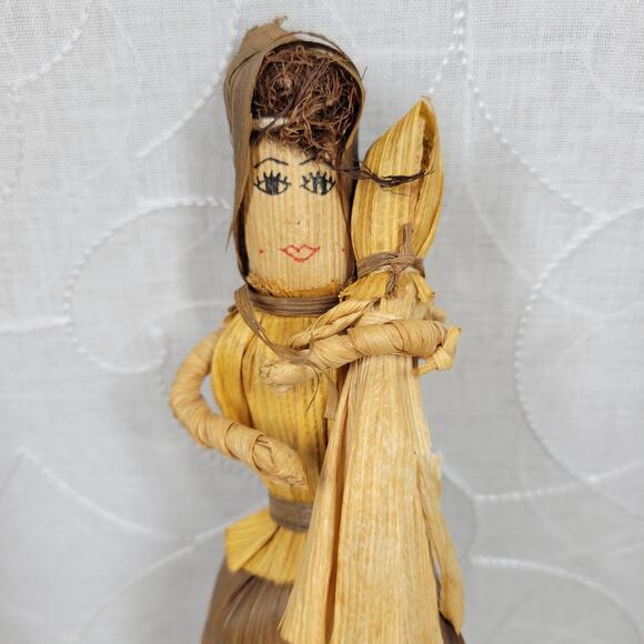 Vintage Corn Husk Doll 9" Tan Brown Handmade Woman Baby Face Hair Folk Art Fall - Picture 12 of 12